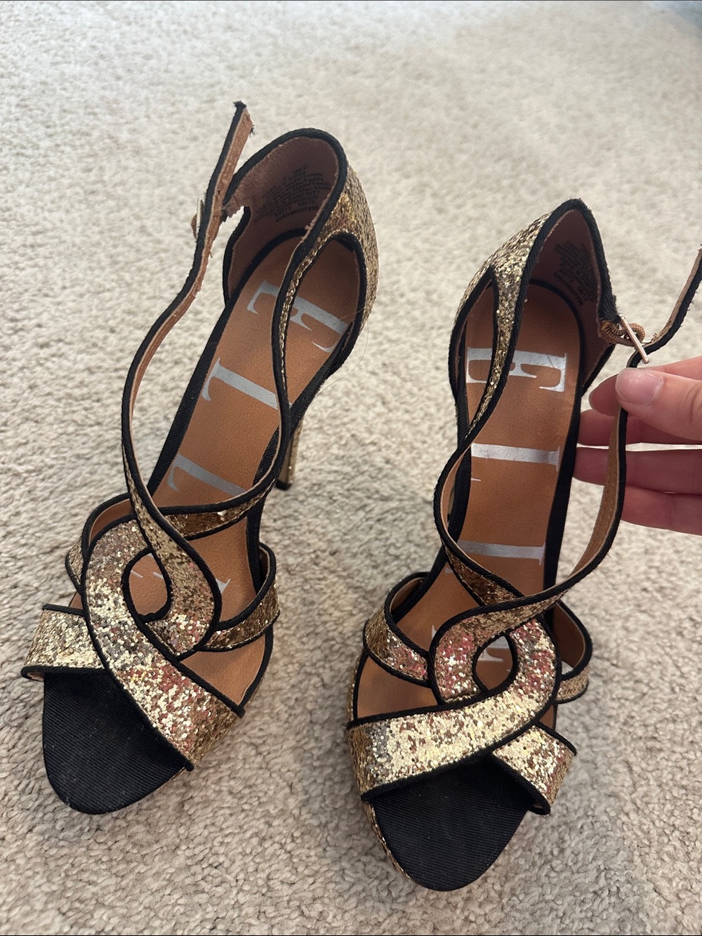 Gold Glitter High Heel Sandals with Ankle Strap size 6 - Picture 2 of 5